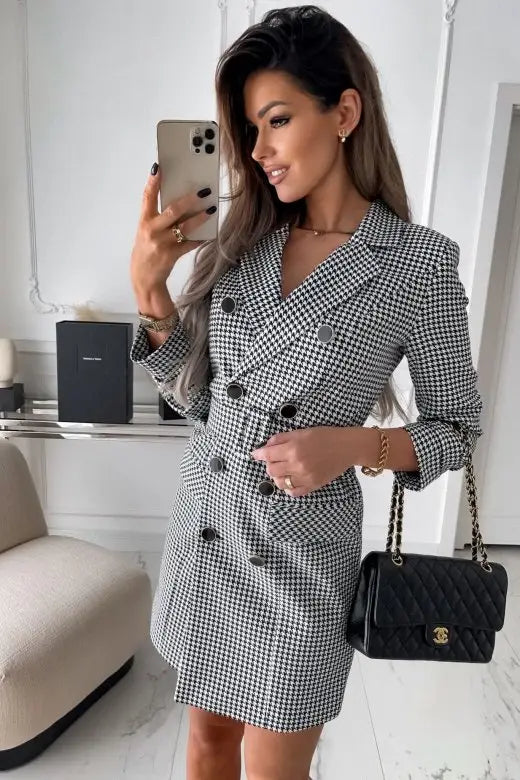 Plaid Print Double Breasted Long Sleeve Belted Blazer Dress