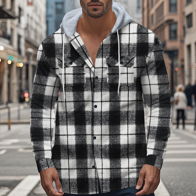 Men Flap Pocket Drawstring Hooded Plaid Shirt