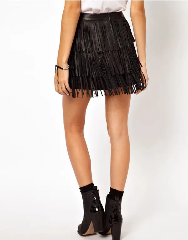 High Waist A-line Pu Leather Fringe Skirt