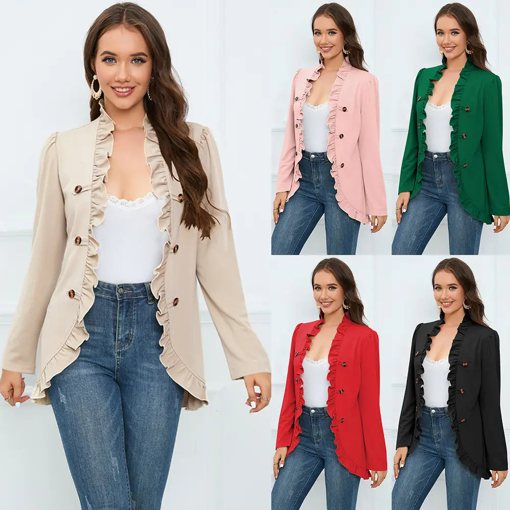 Solid Open Front Ruffle Trim Button Decor Blazer