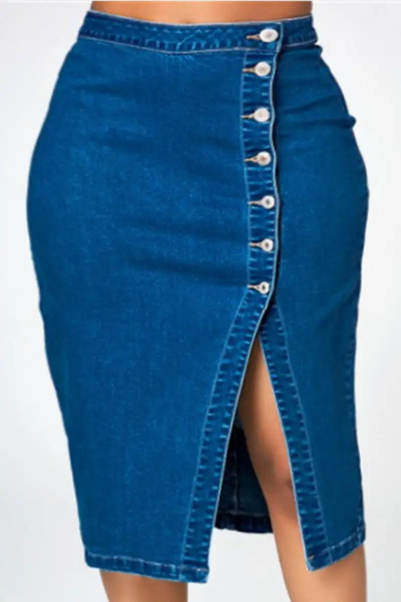 Buttoned Front Split Hem Denim Pencil Skirt