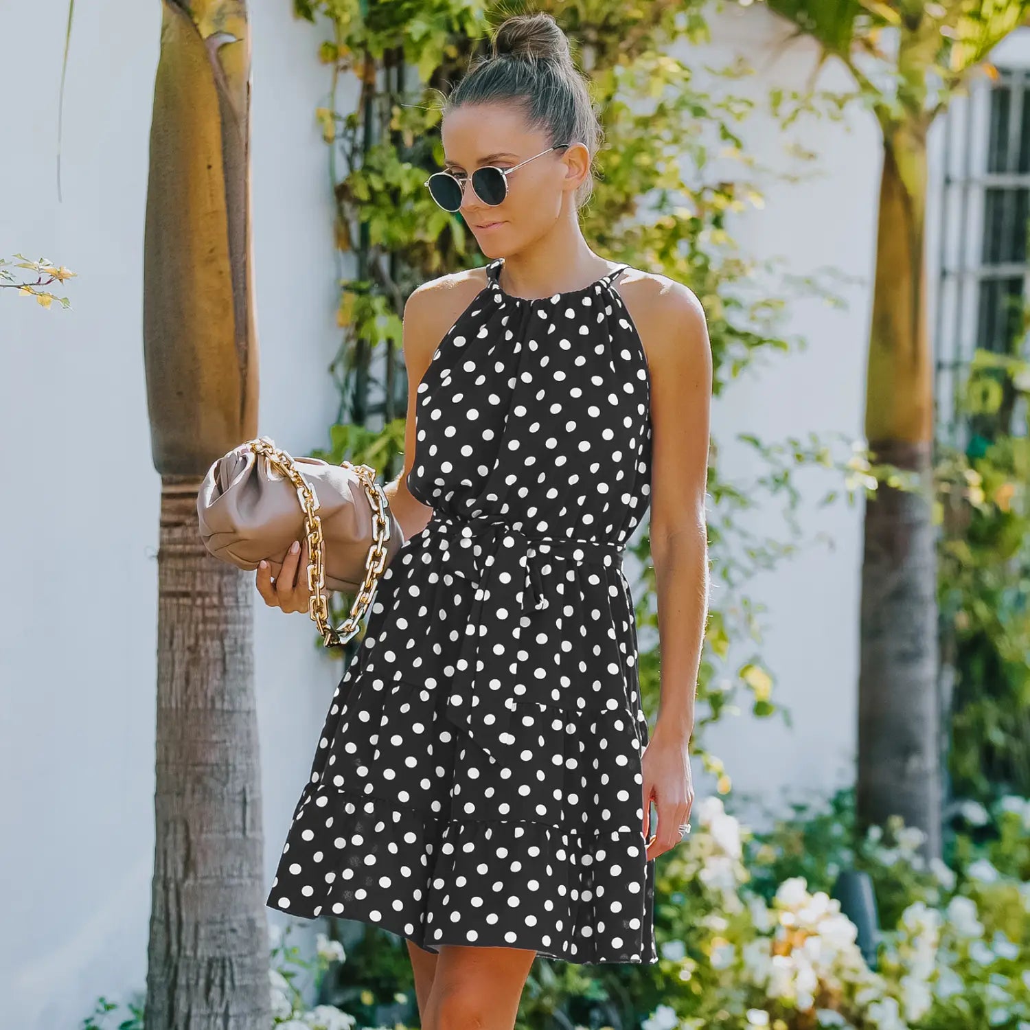 Round Neck Sleeveless Belted Polka Dot Dress