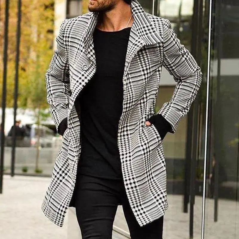 Men Lapel Collar Slant Pocket Trench Plaid Coat