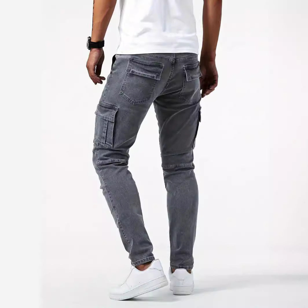 Men Flap Pocket High Stretch Cargo Denim Skinny Jeans