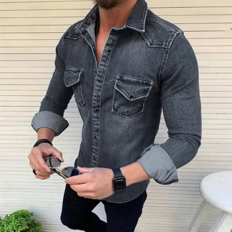 Men Flap Pocket Button Up Shoulder Pattern Denim Shirt