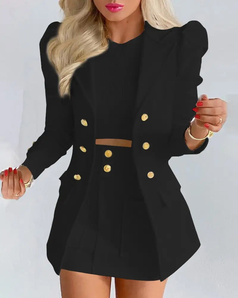 Lapel Collar Side Flap Pocket Blazer & Front Pockets Mini Skirt Set