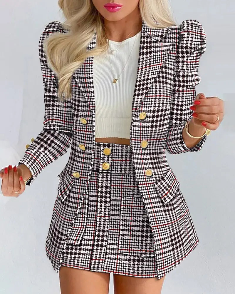 Lapel Collar Side Flap Pocket Blazer & Front Pockets Mini Skirt Set