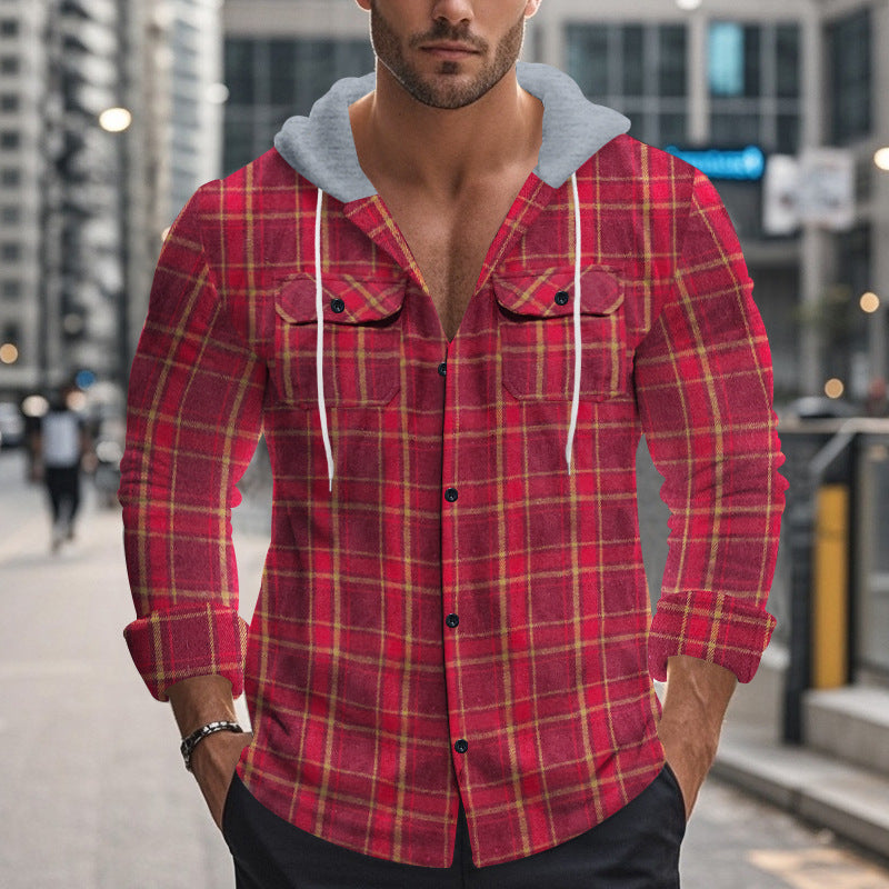 Men Flap Pocket Drawstring Hooded Plaid Shirt