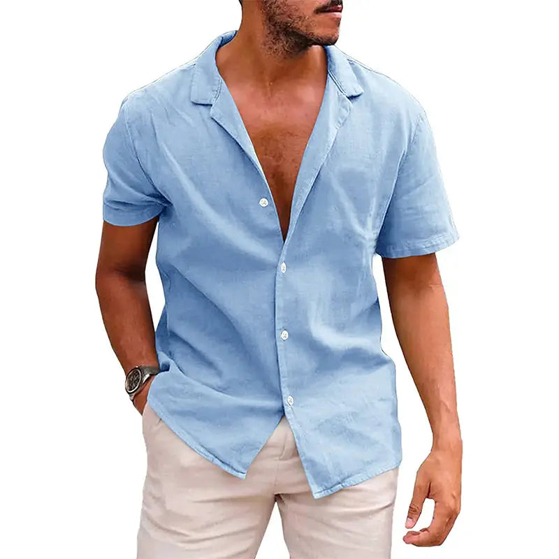 Men Lapel Collar Button Up Linen Short Sleeve Shirt