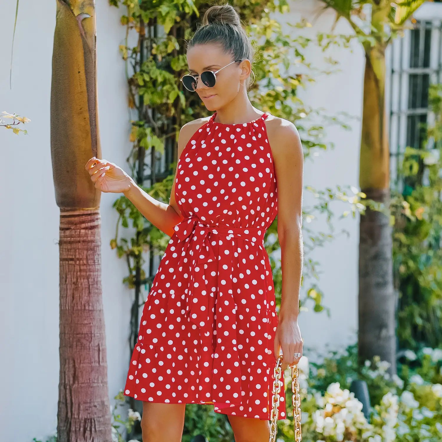 Round Neck Sleeveless Belted Polka Dot Dress