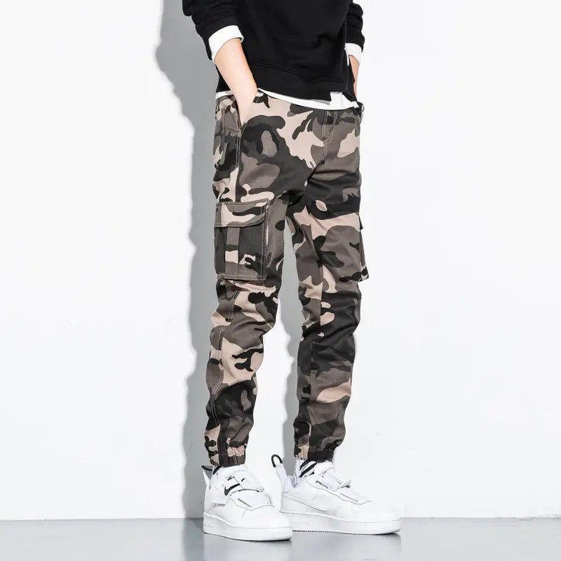 Men Camo Print Drawstring Multi-pocket Cargo Sports Pants