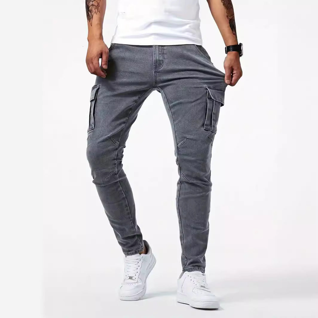 Men Flap Pocket High Stretch Cargo Denim Skinny Jeans