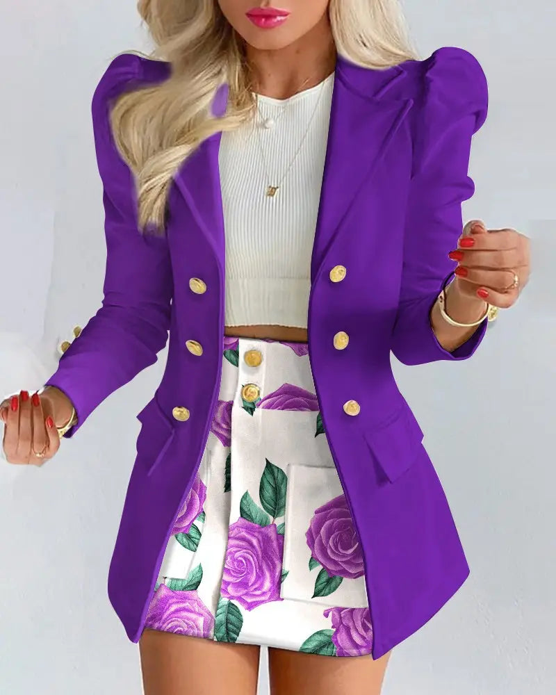 Lapel Collar Side Flap Pocket Blazer & Front Pockets Mini Skirt Set