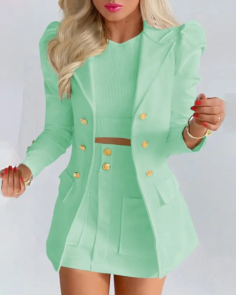 Lapel Collar Side Flap Pocket Blazer & Front Pockets Mini Skirt Set