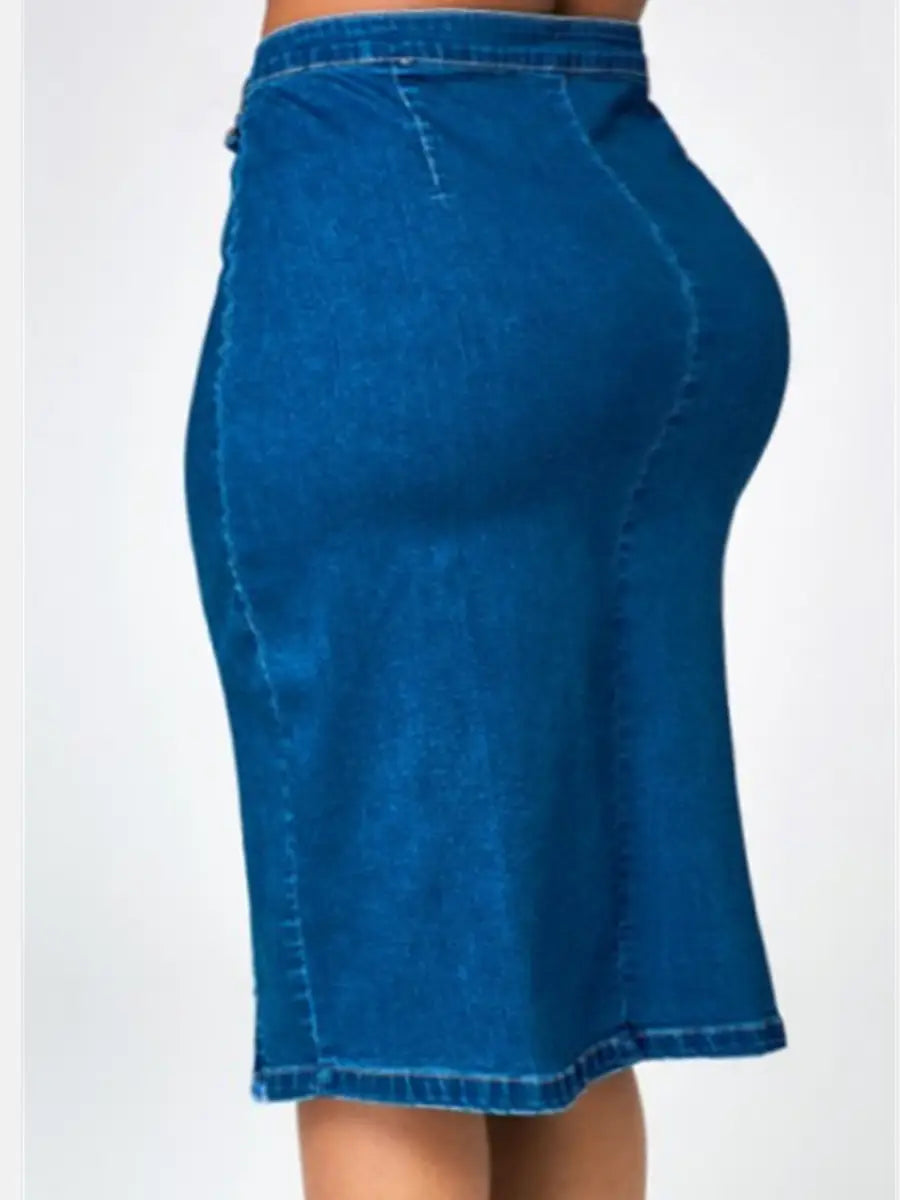 Buttoned Front Split Hem Denim Pencil Skirt