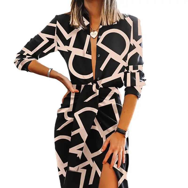 Stretch Print Graphic Letter Front Split Belted Dress