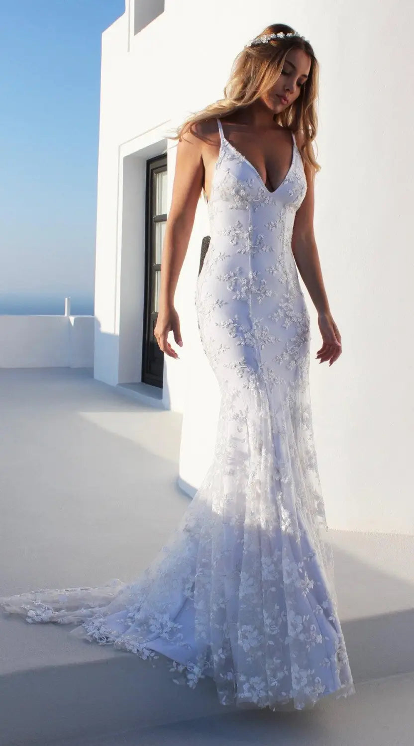 V-neck Crisscross Tied Backless Floral Lace Wedding Dress