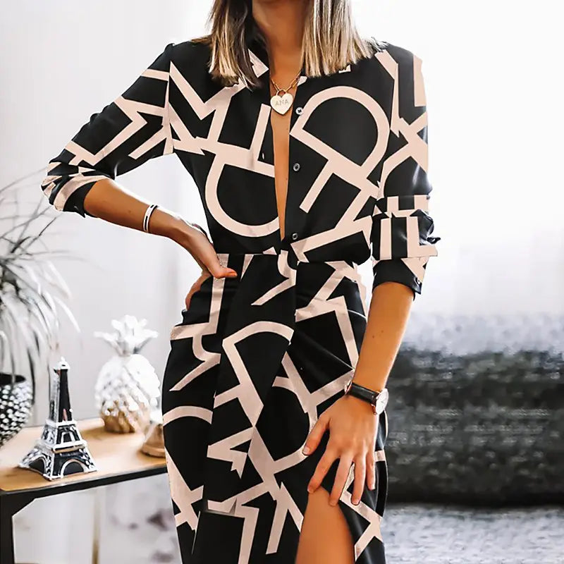 Stretch Print Graphic Letter Front Split Belted Dress