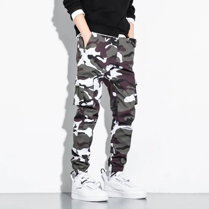 Men Camo Print Drawstring Multi-pocket Cargo Sports Pants