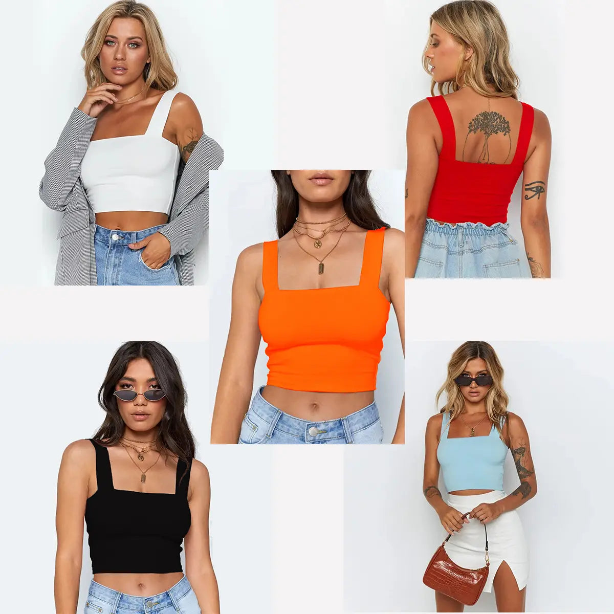 Solid Square Neck Stretch Cami Crop Top