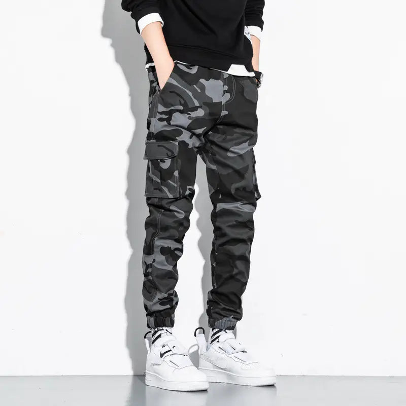 Men Camo Print Drawstring Multi-pocket Cargo Sports Pants