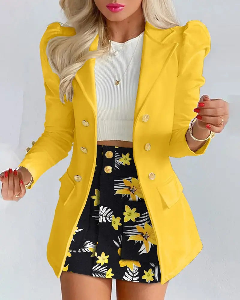 Lapel Collar Side Flap Pocket Blazer & Front Pockets Mini Skirt Set