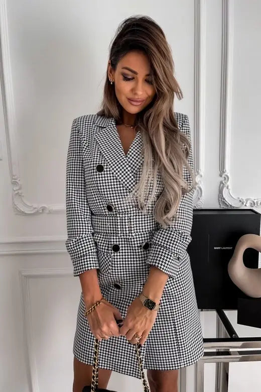 Plaid Print Double Breasted Long Sleeve Belted Blazer Dress