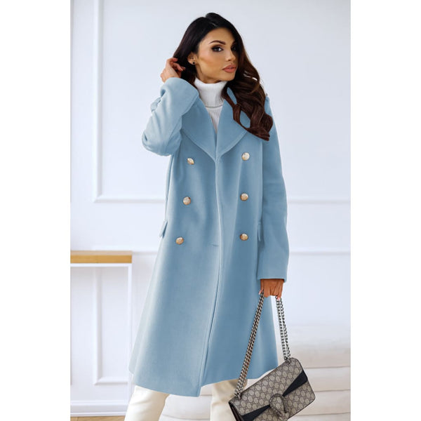 Lapel Collar Button Decor Longline Double Breasted Wool-mix Coat