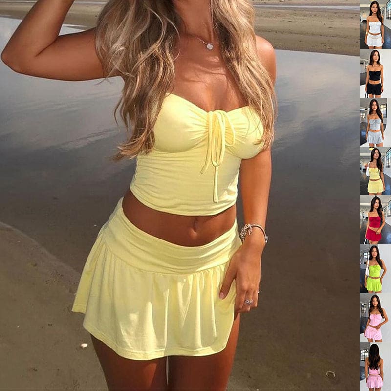 Strapless Drawstring Tied Knot Crop Top & Pleated Mini Skirt Set