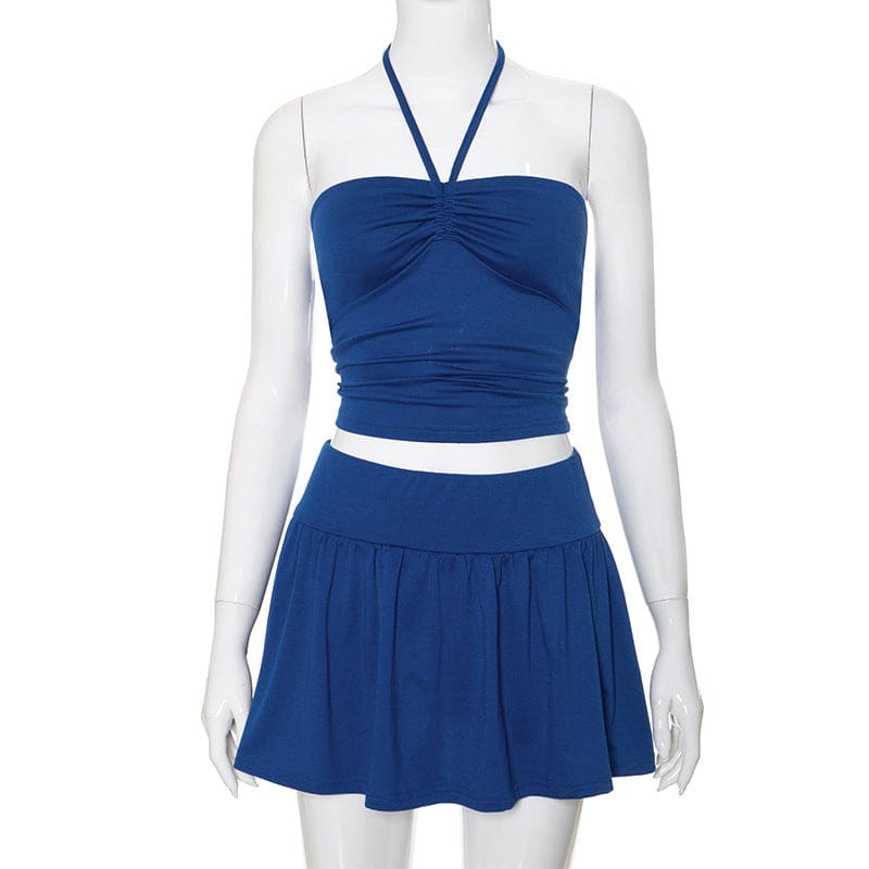 Strapless Drawstring Tied Knot Crop Top & Pleated Mini Skirt Set