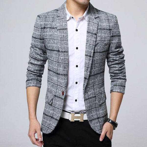 Men Lapel Collar Plaid Print one Button Tweed Blazer