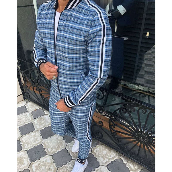 Men’s Plaid Pattern Side Stripe Bomber Jacket & Pants Sweatsuit